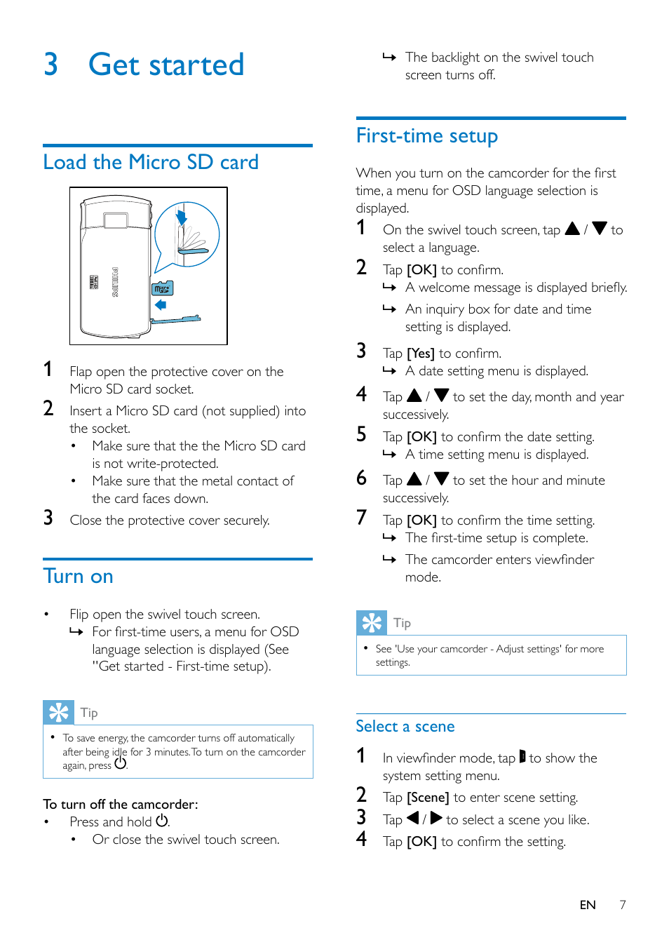 3 get started, Load the micro sd card, Turn on | First-time setup | Philips CAM300WH-37 User Manual | Page 9 / 22
