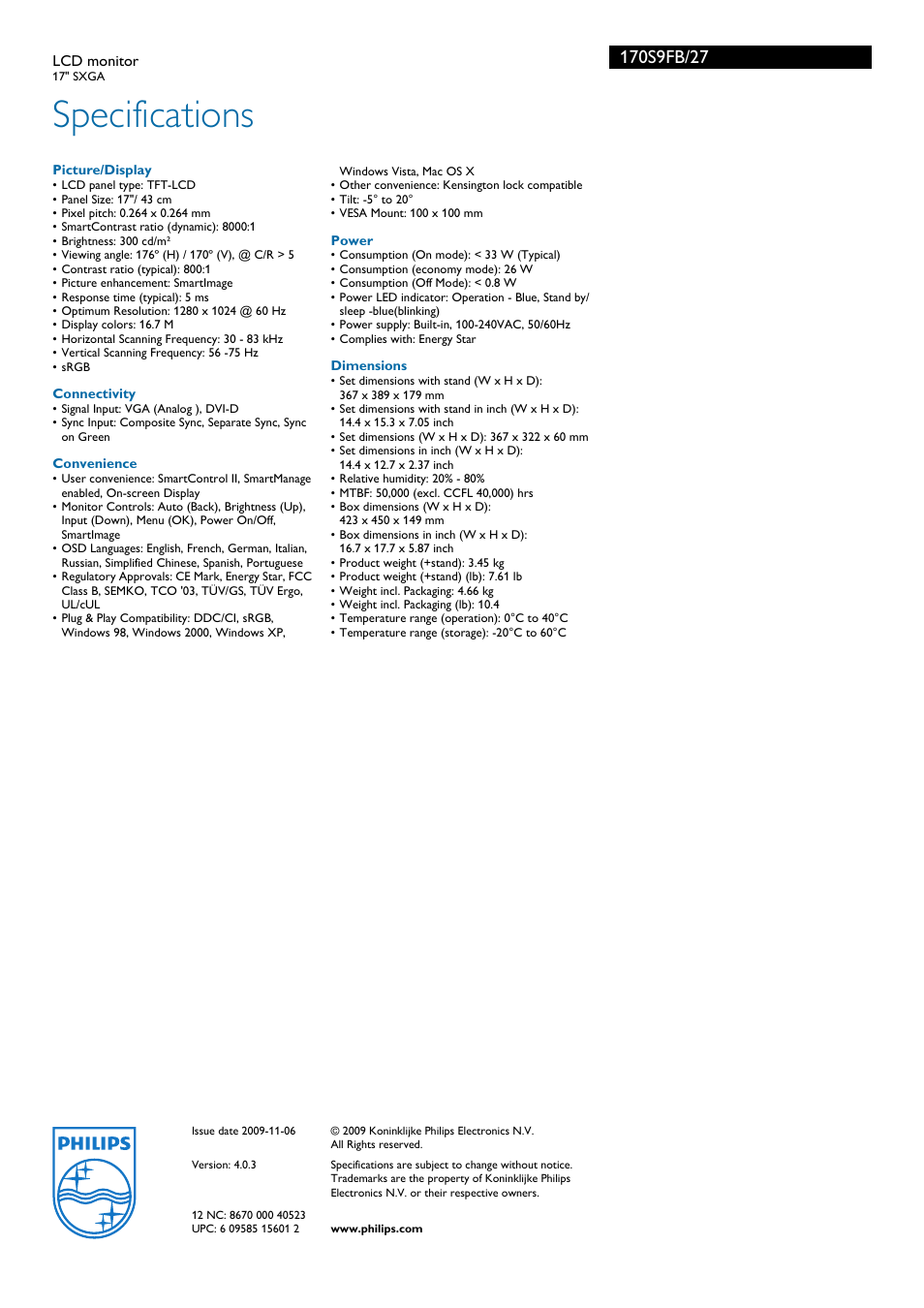 Specifications | Philips Brilliance LCD monitor 170S9FB 17" SXGA User Manual | Page 3 / 3