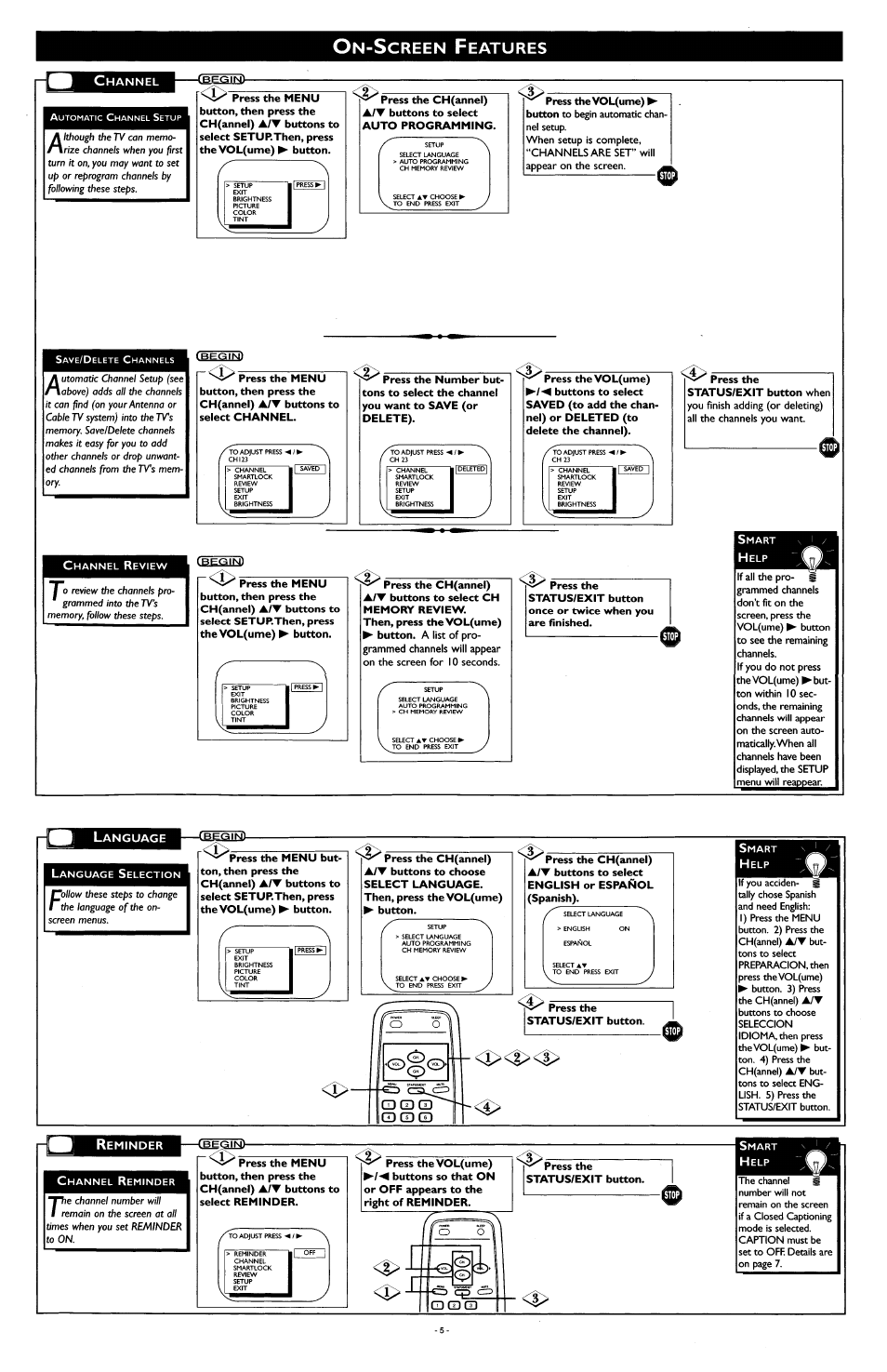 Channel, Language, Reminder | Creen, Eatures | Philips PR1909B User Manual | Page 5 / 8