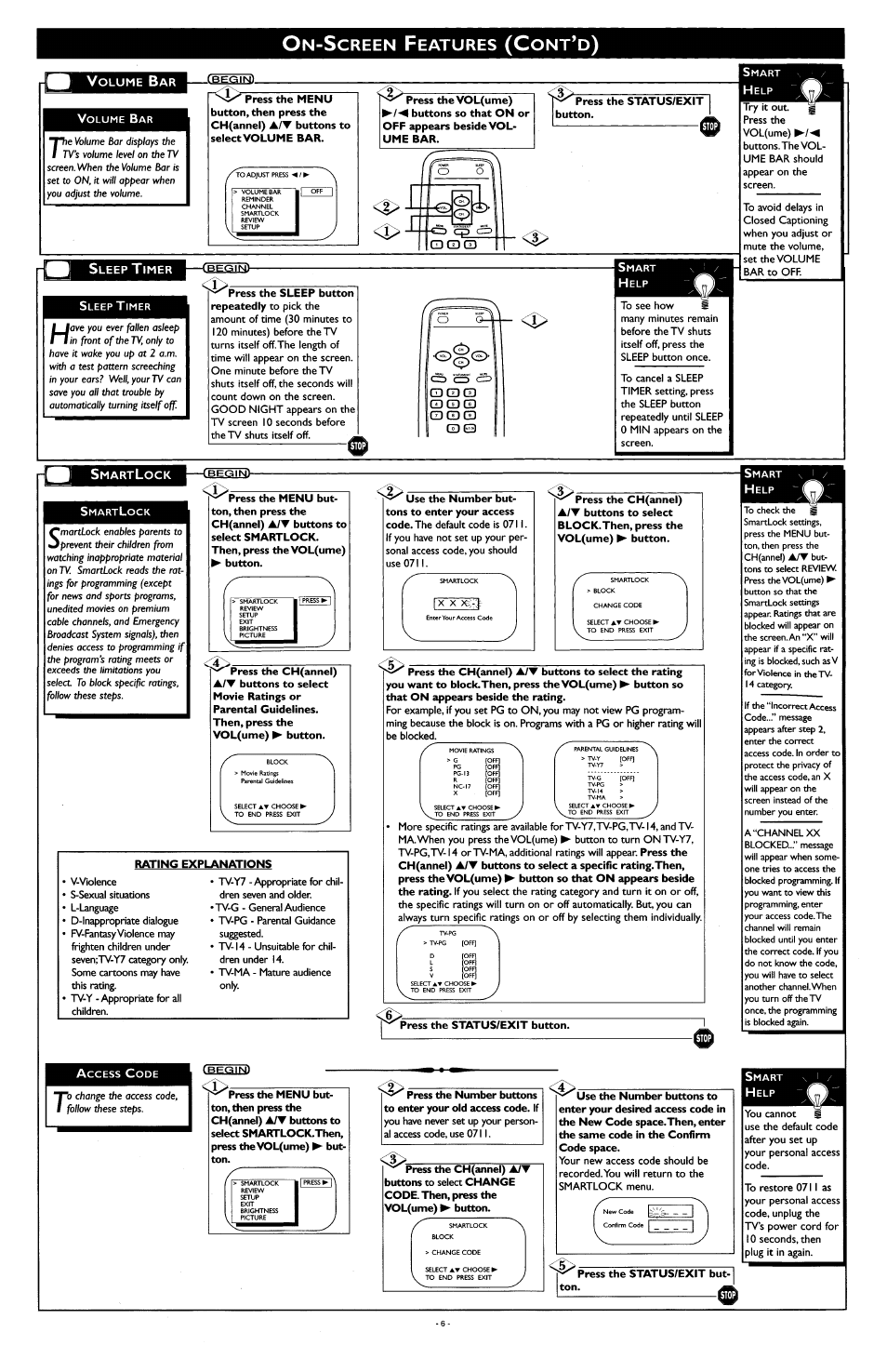 Volume bar, Sleep timer, Smartlock | Sleep timer smartlock, I—cbbqin, Creen, Eatures, I—dmlh) | Philips PR1909B User Manual | Page 6 / 8