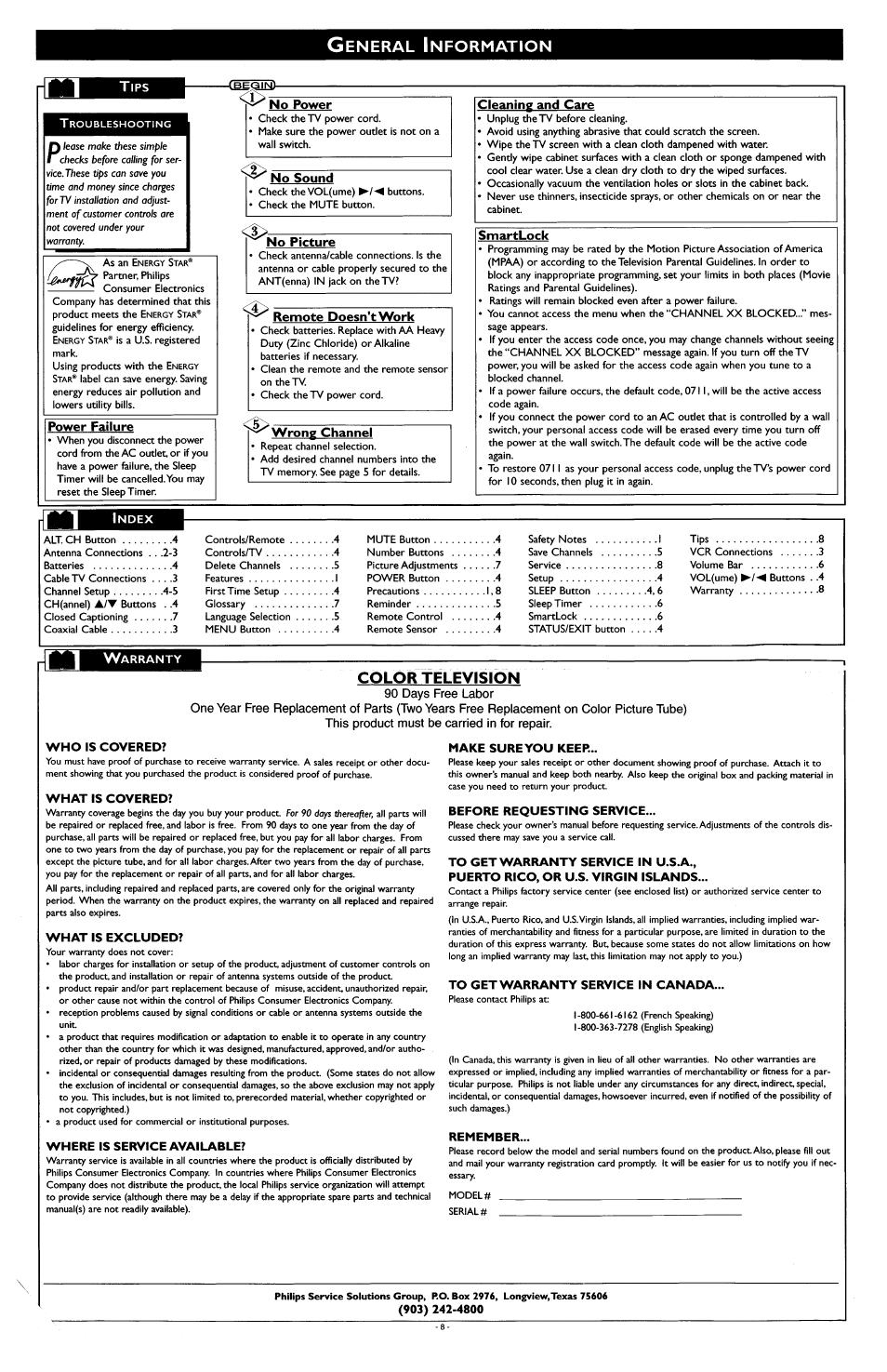 Tips, No power, No sound | Cleaning and care, Power failure, No picture, Remote doesn't work, Wrong channel, Smartlock, R 1 'ndex | Philips PR1909B User Manual | Page 8 / 8