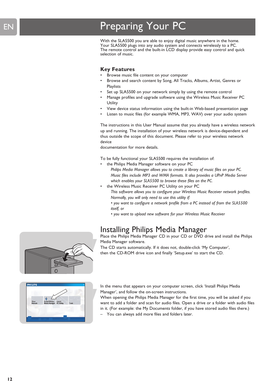 Preparing your pc, Installing philips media manager | Philips SLA5500NS-17 User Manual | Page 12 / 38