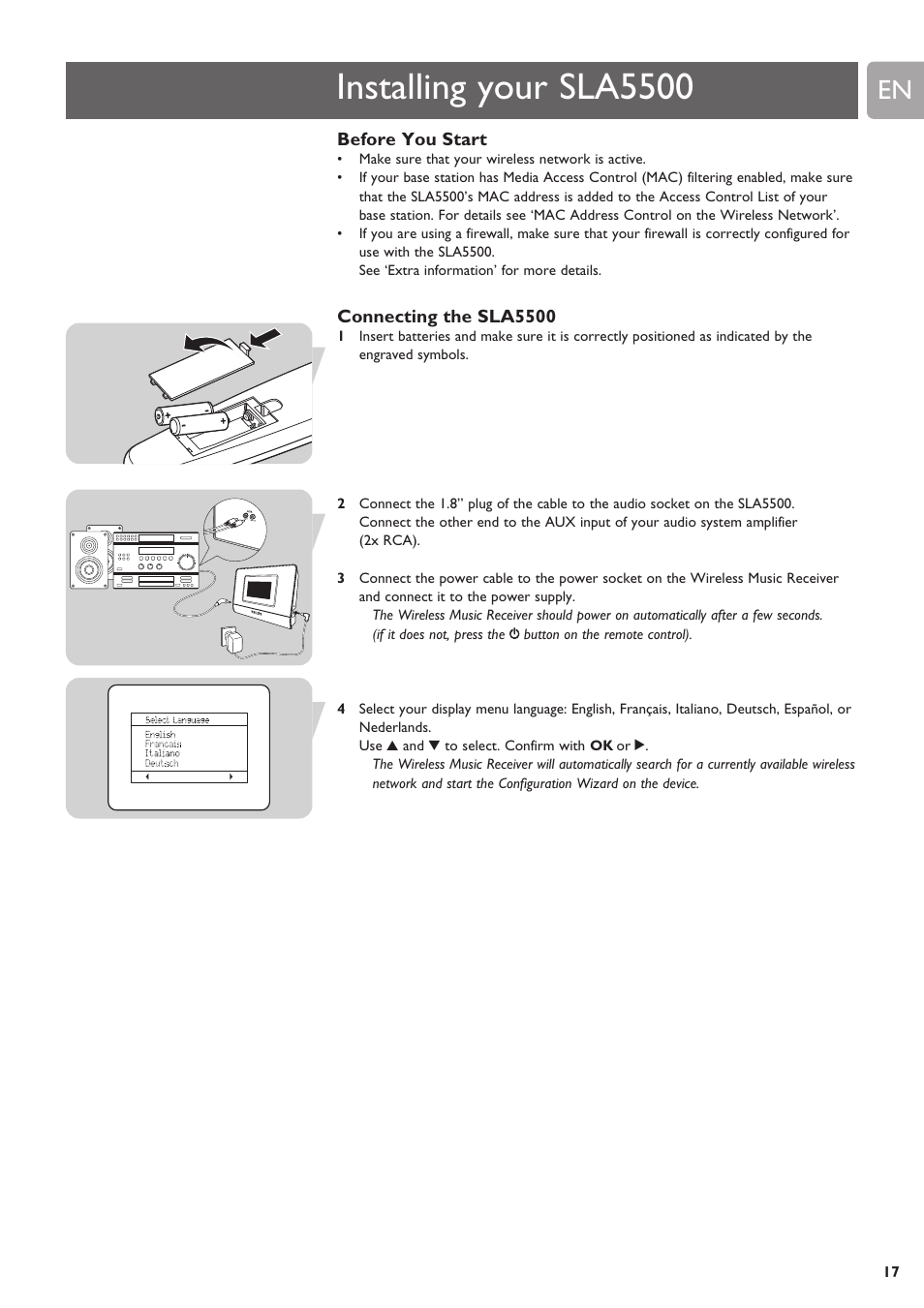 Installing your sla5500 | Philips SLA5500NS-17 User Manual | Page 17 / 38