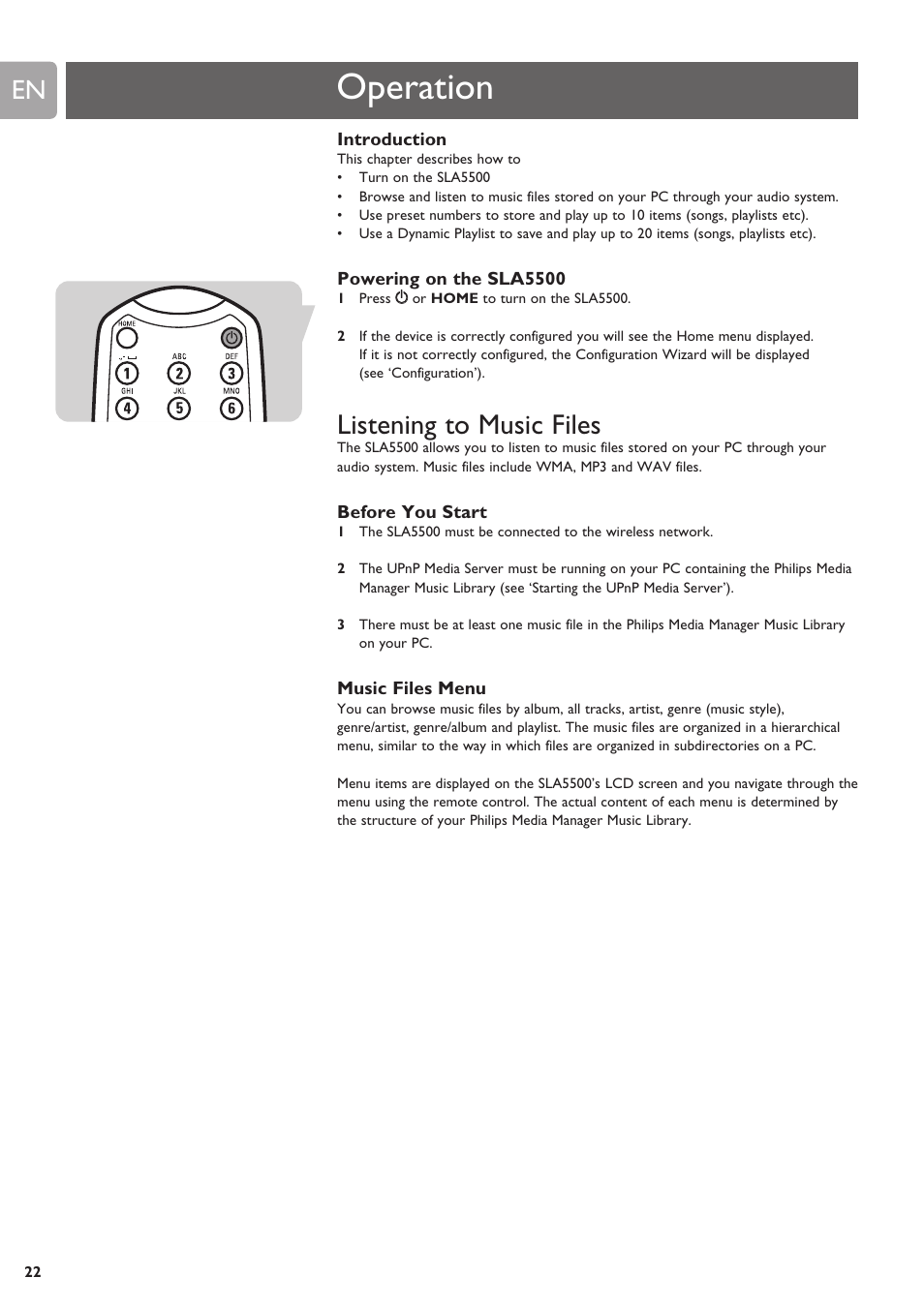 Operation, Listening to music files | Philips SLA5500NS-17 User Manual | Page 22 / 38