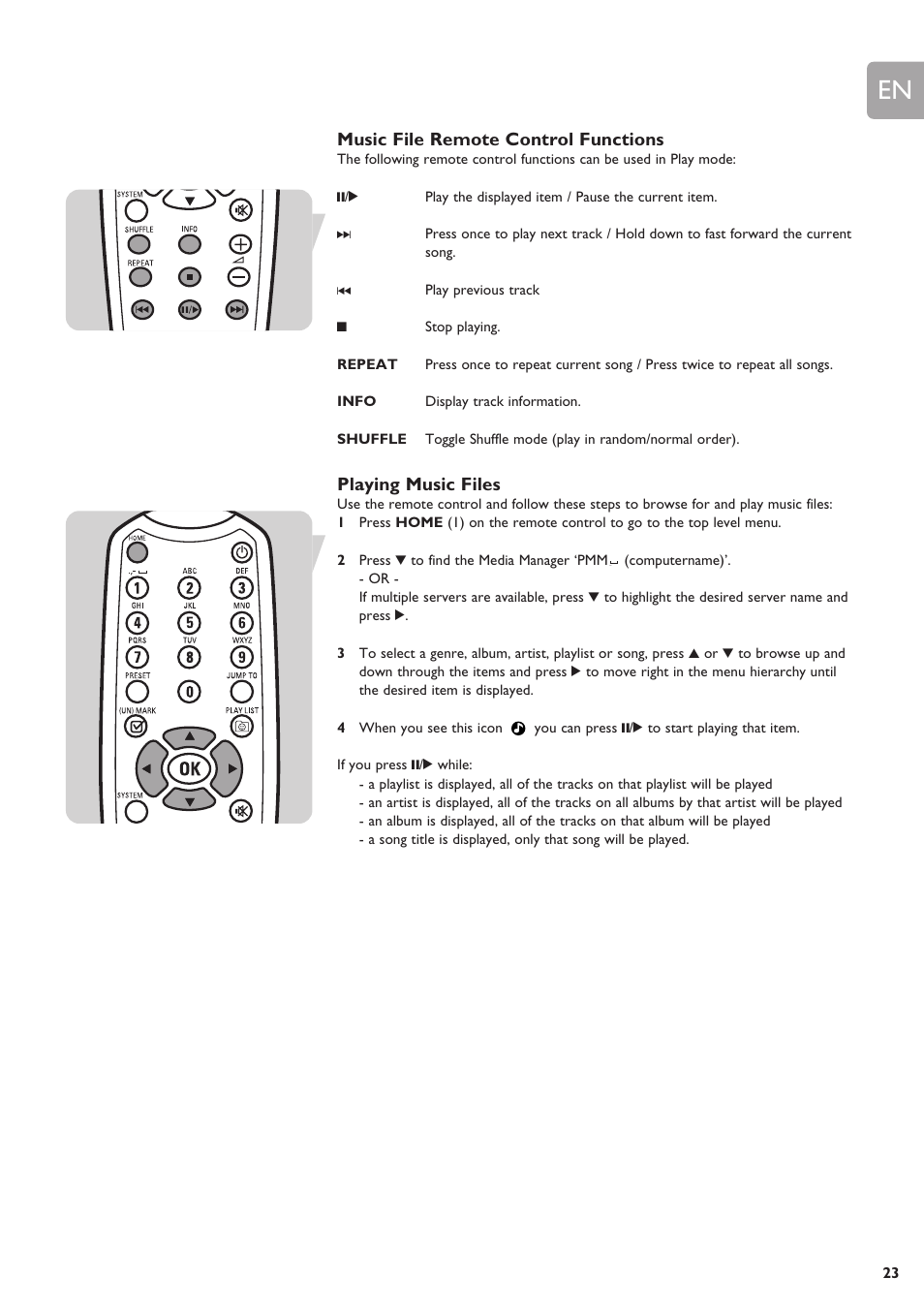 Music file remote control functions, Playing music files | Philips SLA5500NS-17 User Manual | Page 23 / 38