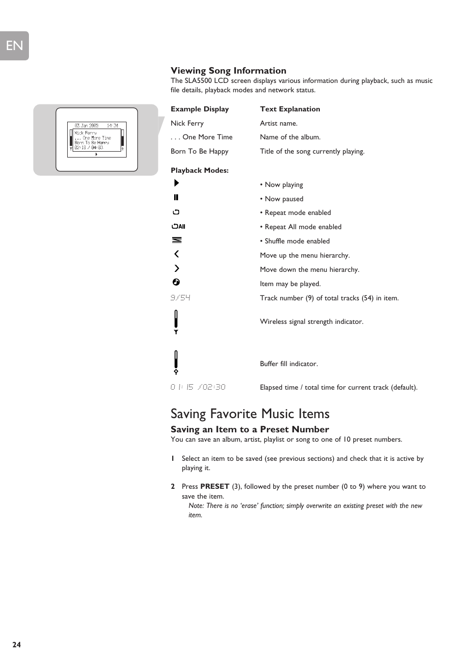 Saving favorite music items | Philips SLA5500NS-17 User Manual | Page 24 / 38