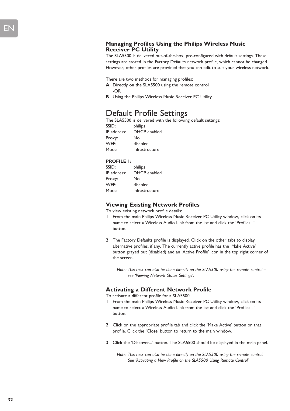 Default profile settings | Philips SLA5500NS-17 User Manual | Page 32 / 38