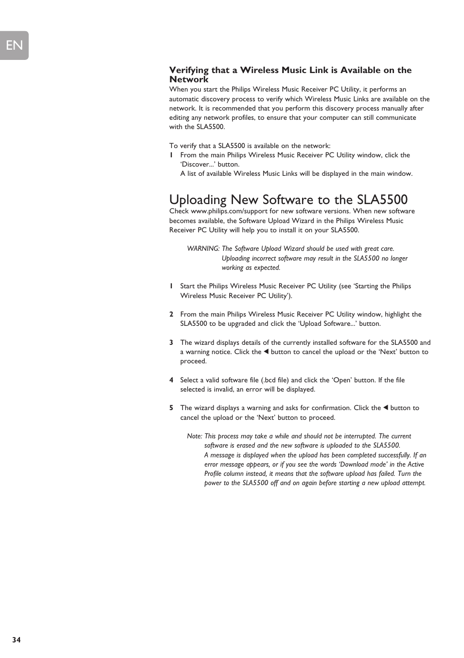 Uploading new software to the sla5500 | Philips SLA5500NS-17 User Manual | Page 34 / 38