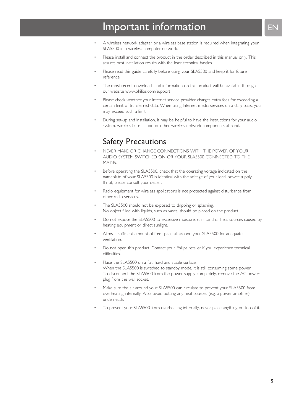 Important information, Safety precautions | Philips SLA5500NS-17 User Manual | Page 5 / 38