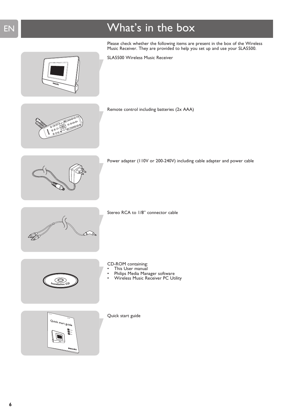 What’s in the box | Philips SLA5500NS-17 User Manual | Page 6 / 38