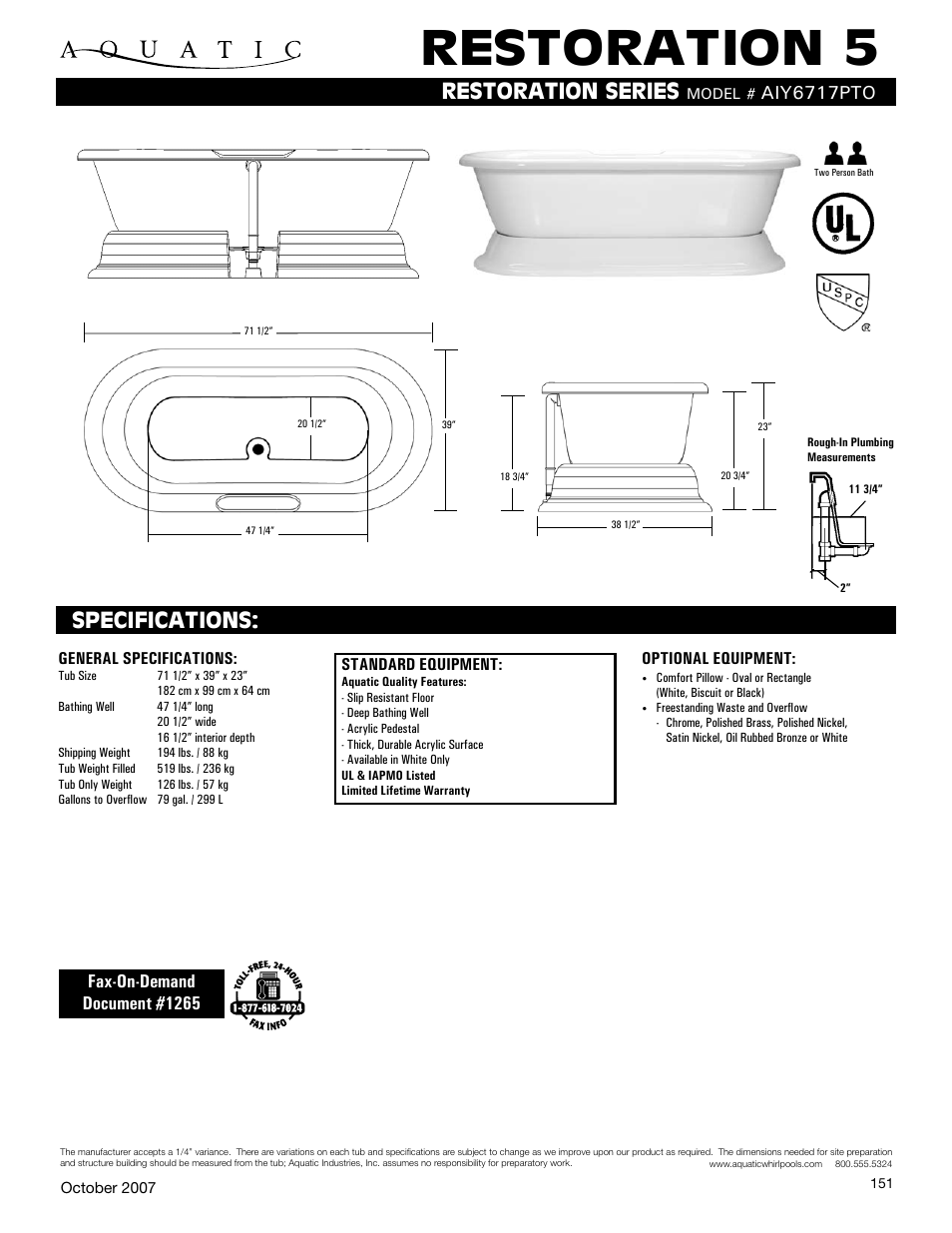 Aquatic RESTORATION 5 AIY6717PTo User Manual | 1 page