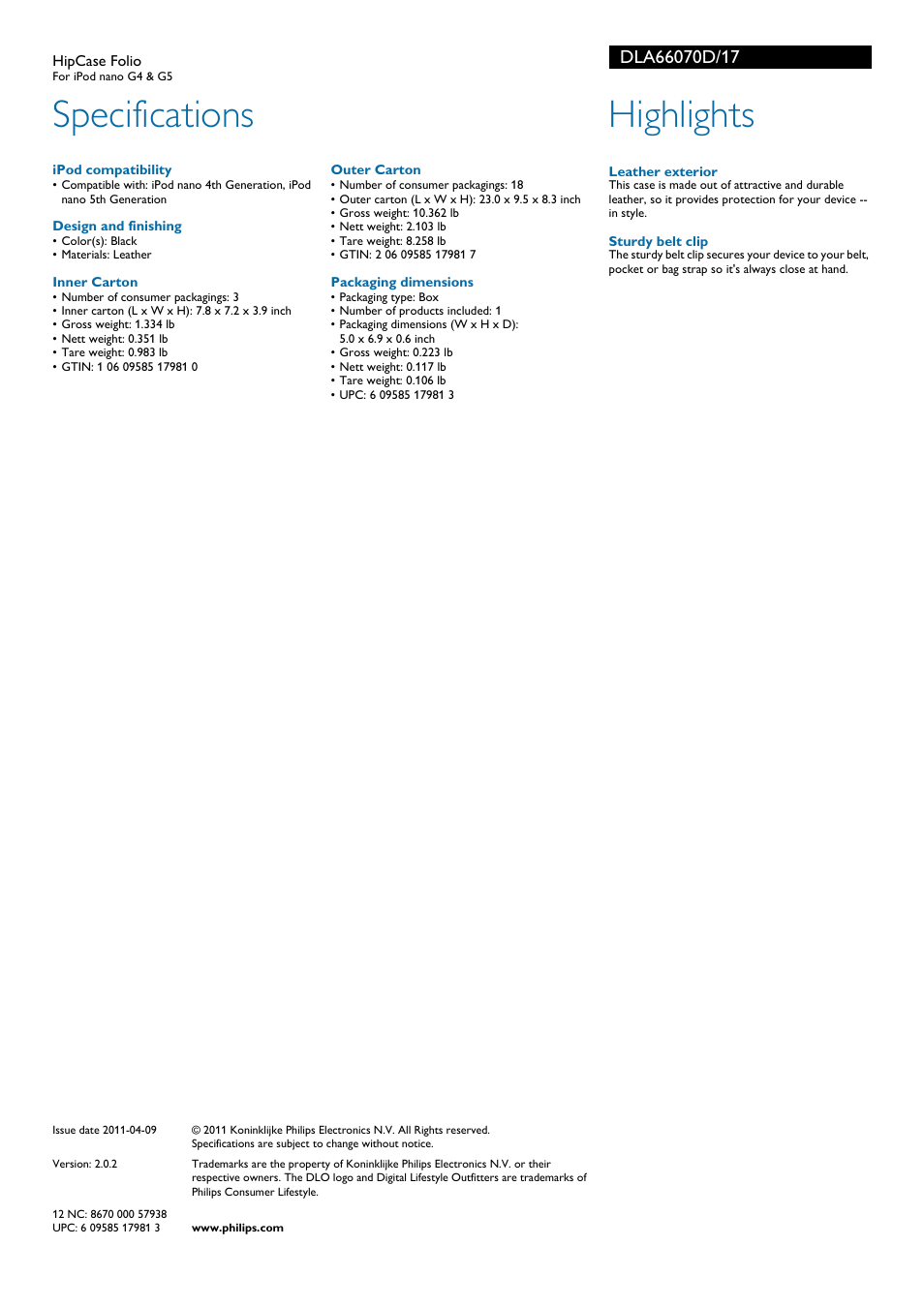 Specifications, Highlights | Philips DLA66070D-17 User Manual | Page 2 / 2