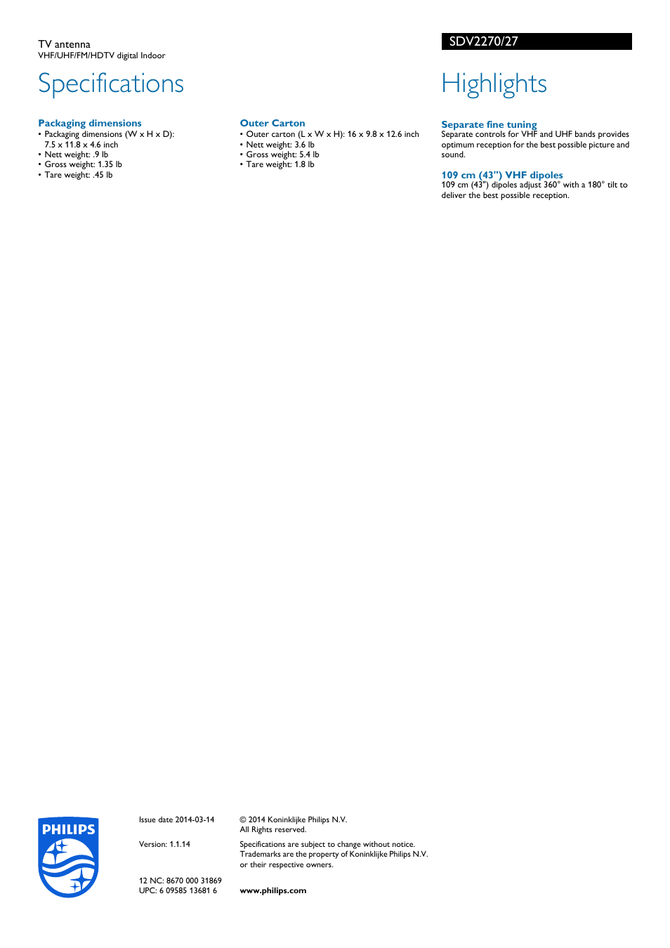 Specifications, Highlights | Philips SDV2270-27 User Manual | Page 2 / 2