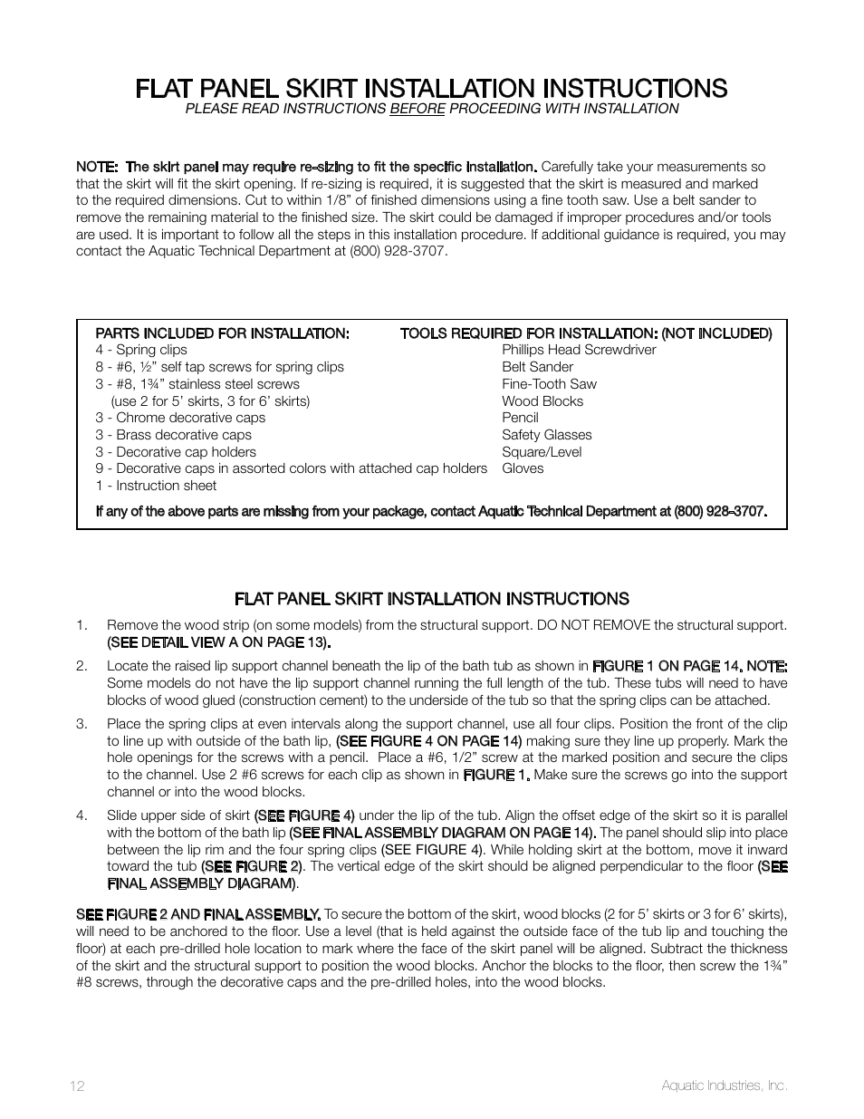 Flat panel skirt installation instructions | Aquatic SYMPHONY SERIES User Manual | Page 12 / 28
