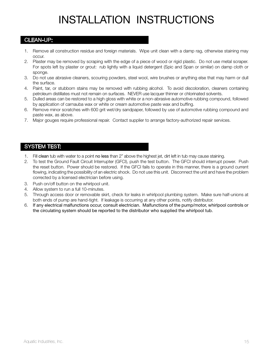 Installation instructions | Aquatic SYMPHONY SERIES User Manual | Page 15 / 28