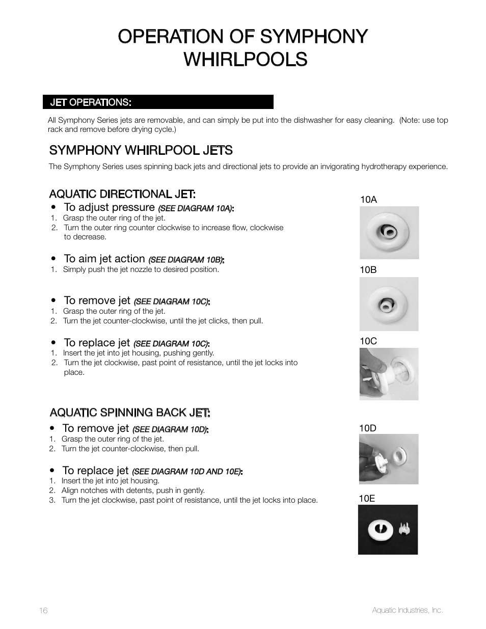 Operation of symphony whirlpools, Symphony whirlpool jets | Aquatic SYMPHONY SERIES User Manual | Page 16 / 28