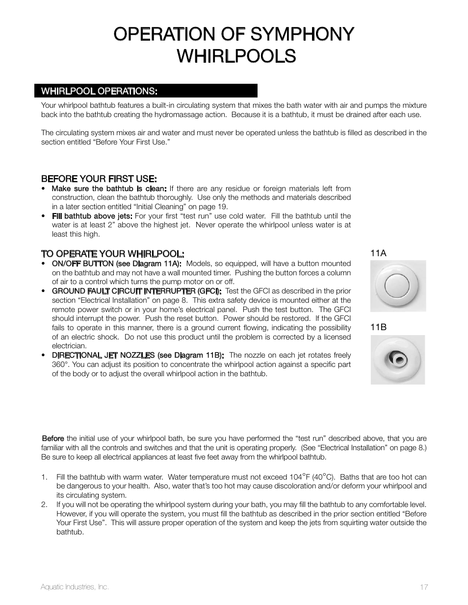 Operation of symphony whirlpools | Aquatic SYMPHONY SERIES User Manual | Page 17 / 28