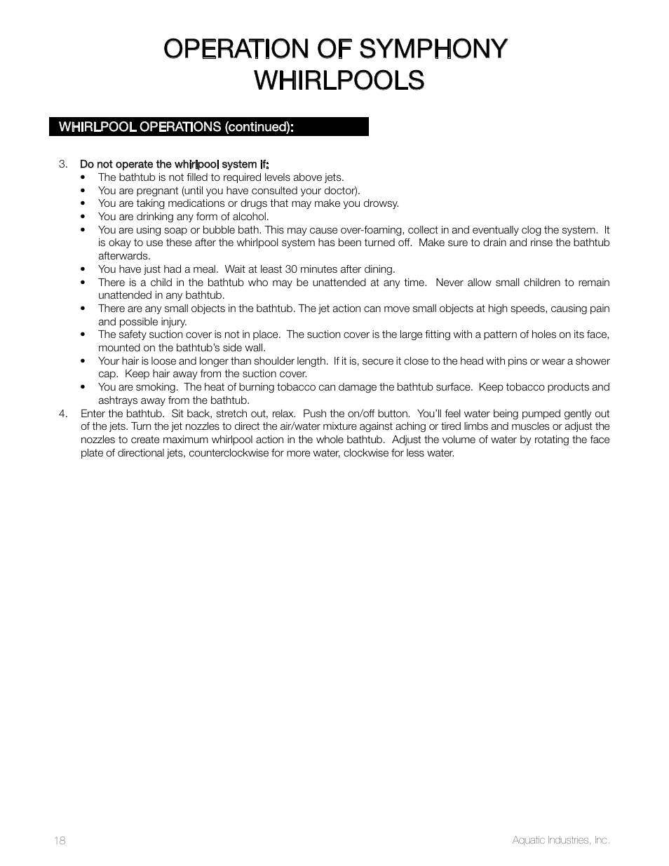Operation of symphony whirlpools | Aquatic SYMPHONY SERIES User Manual | Page 18 / 28