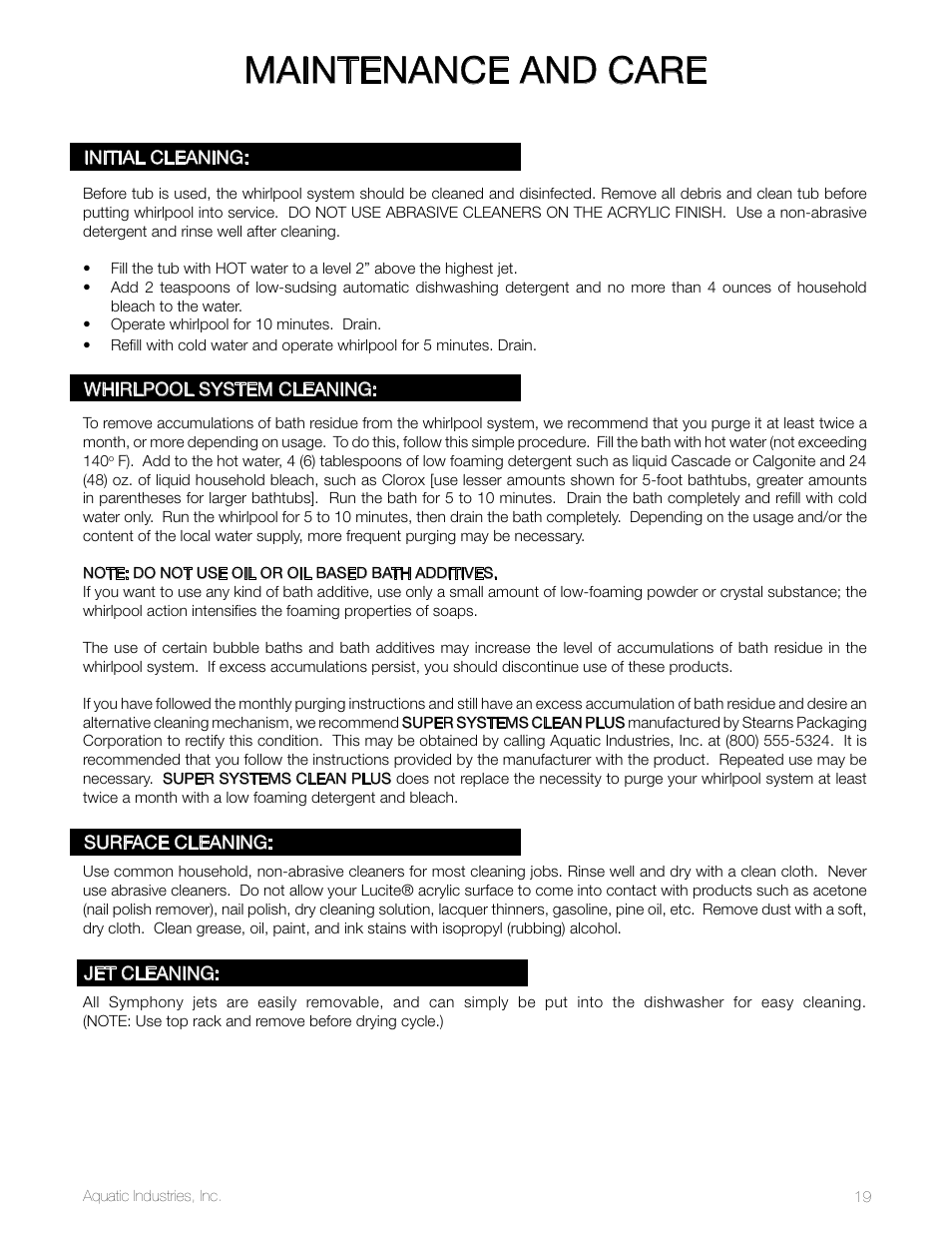Maintenance and care | Aquatic SYMPHONY SERIES User Manual | Page 19 / 28