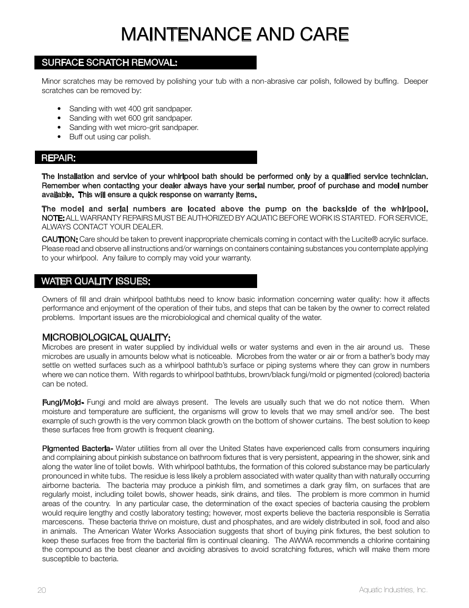 Maintenance and care | Aquatic SYMPHONY SERIES User Manual | Page 20 / 28