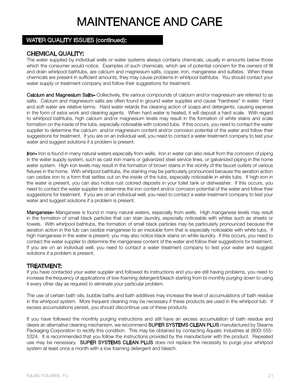 Maintenance and care | Aquatic SYMPHONY SERIES User Manual | Page 21 / 28