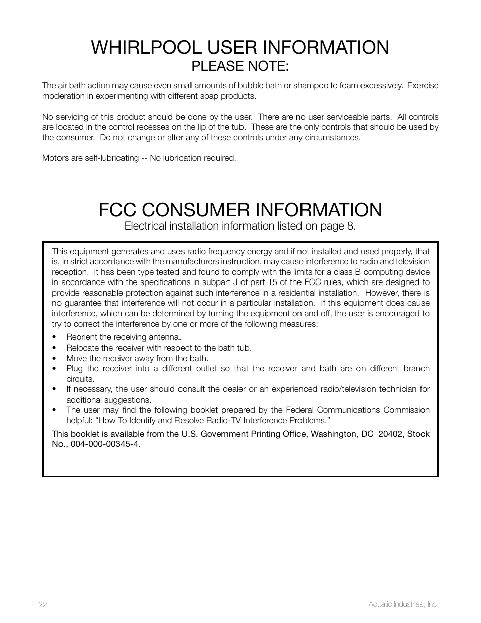 Whirlpool user information, Fcc consumer information | Aquatic SYMPHONY SERIES User Manual | Page 22 / 28