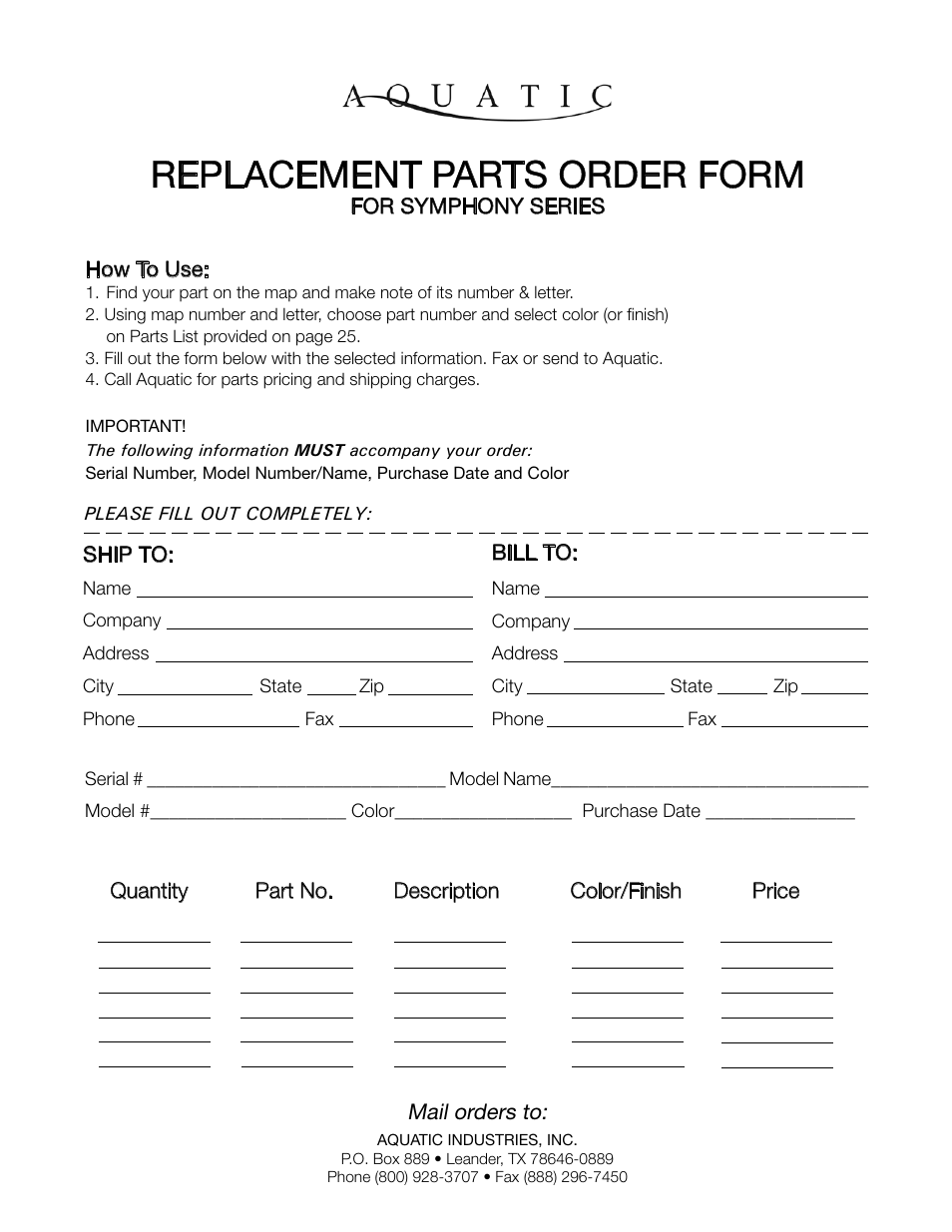 Replacement parts order form | Aquatic SYMPHONY SERIES User Manual | Page 24 / 28
