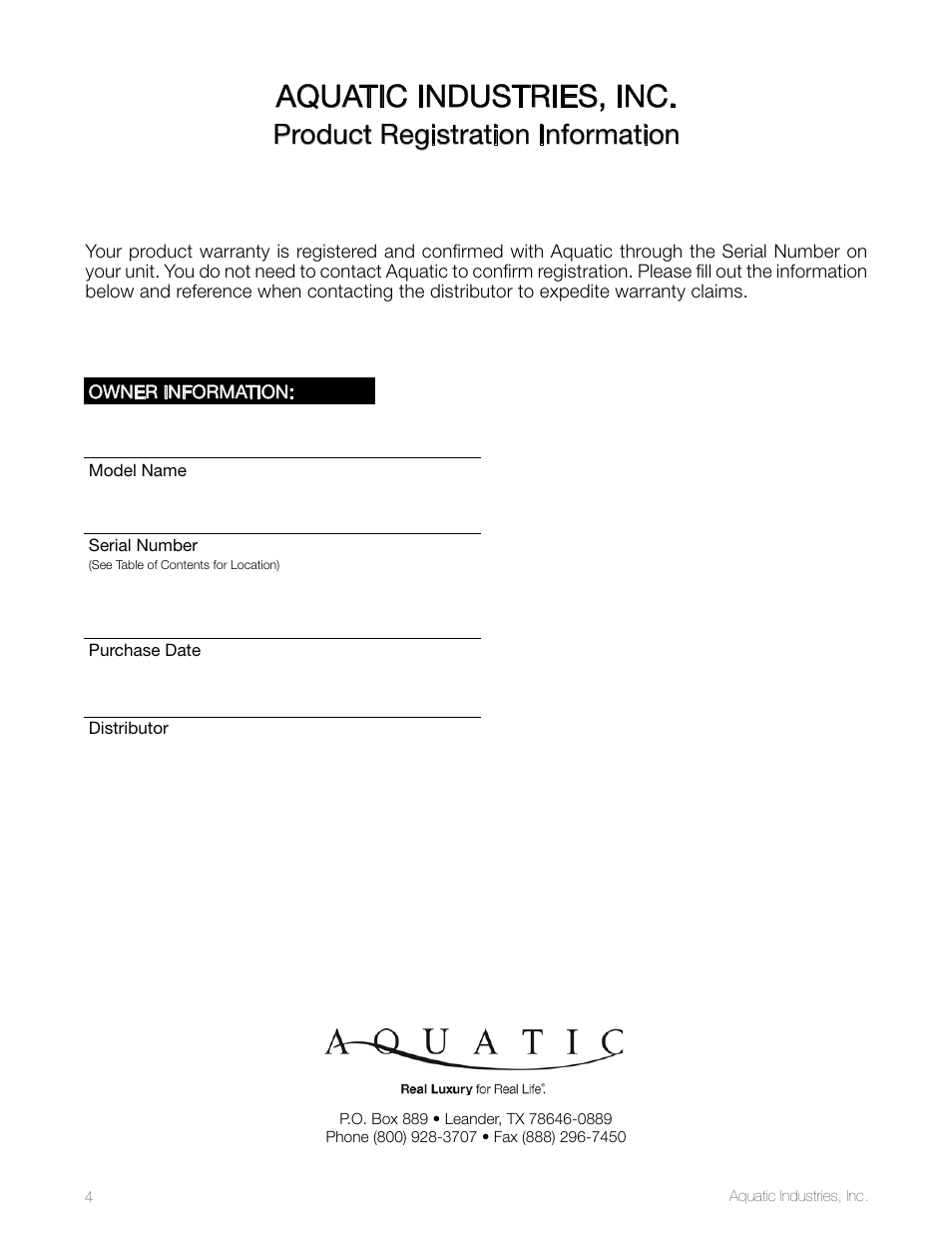 Aquatic industries, inc, Product registration information | Aquatic SYMPHONY SERIES User Manual | Page 4 / 28