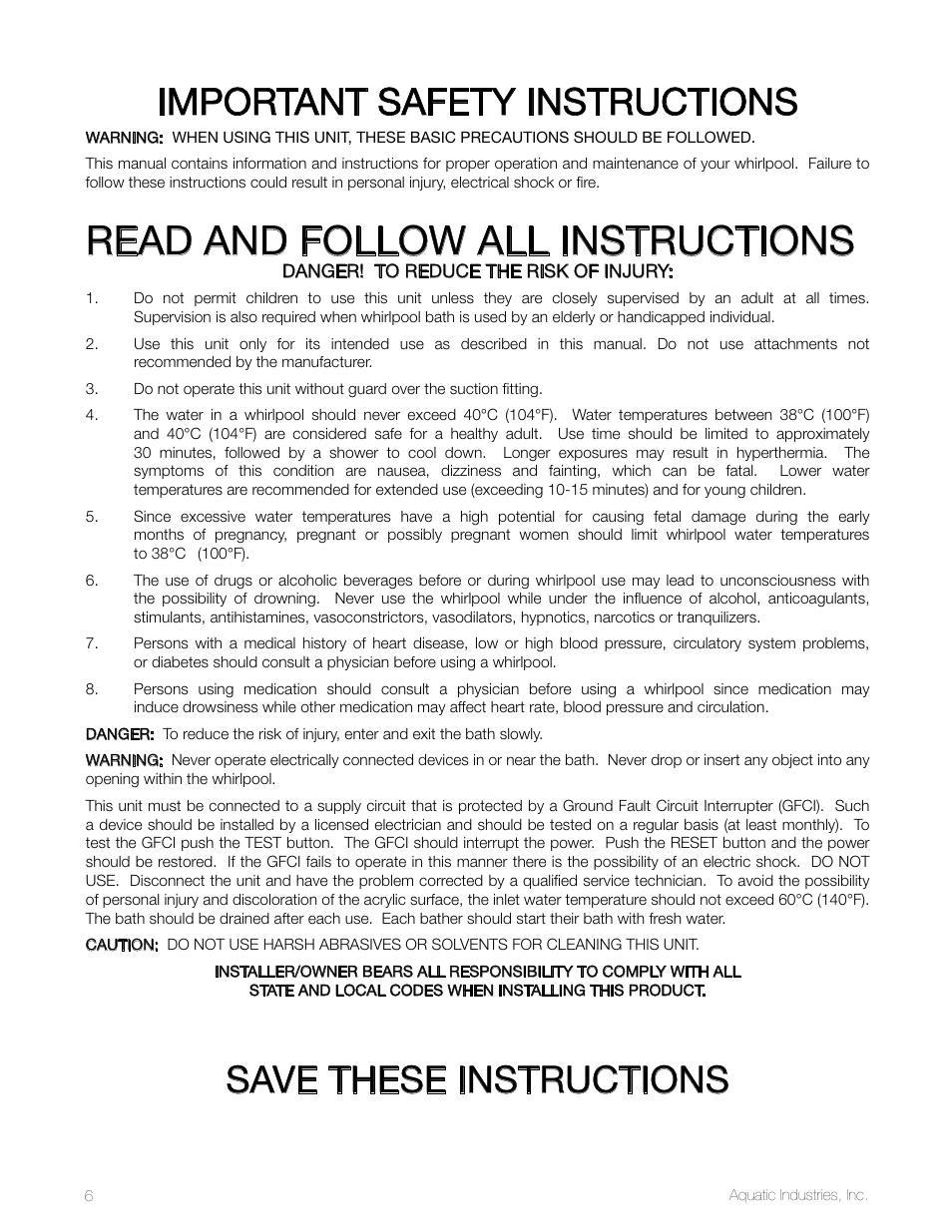 Read and follow all instructions, Important safety instructions, Save these instructions | Aquatic SYMPHONY SERIES User Manual | Page 6 / 28