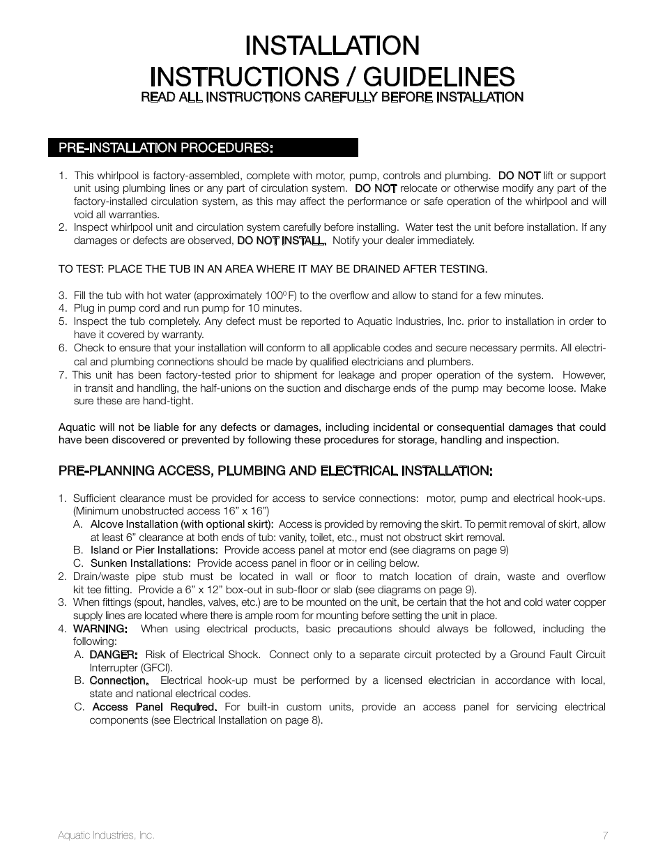 Installation instructions / guidelines | Aquatic SYMPHONY SERIES User Manual | Page 7 / 28