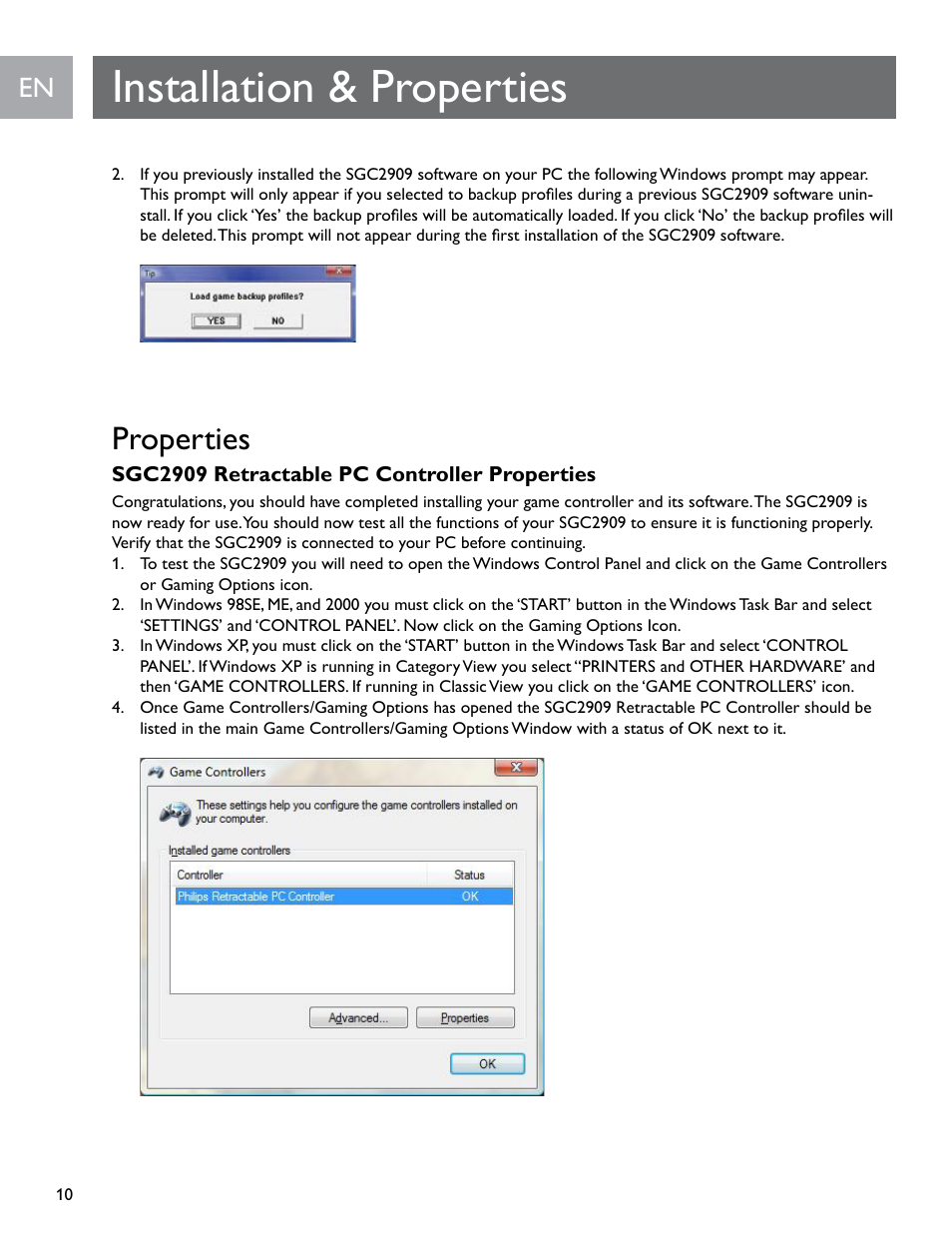 Installation & properties, Properties | Philips SGC2909-27 User Manual | Page 10 / 42