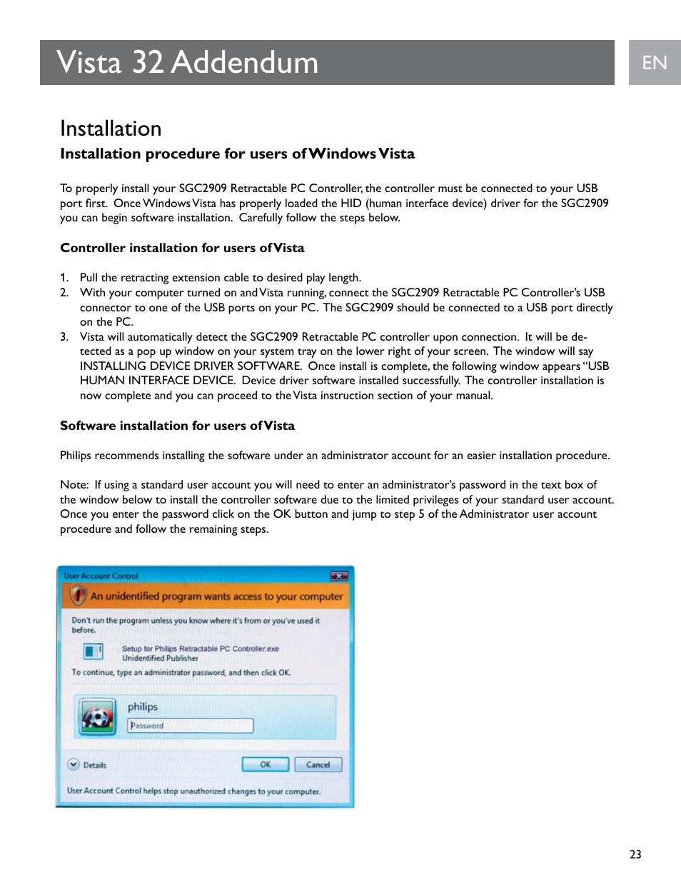 Vista 32 addendum, Installation | Philips SGC2909-27 User Manual | Page 23 / 42