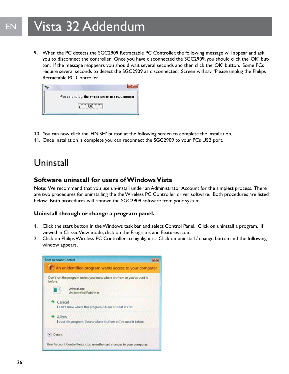 Vista 32 addendum, Uninstall | Philips SGC2909-27 User Manual | Page 26 / 42