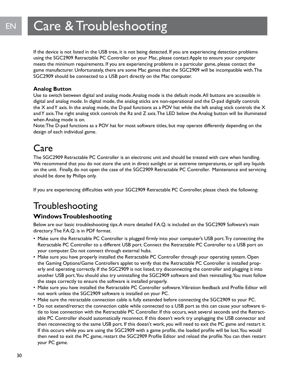 Care & troubleshooting, Care, Troubleshooting | Philips SGC2909-27 User Manual | Page 30 / 42