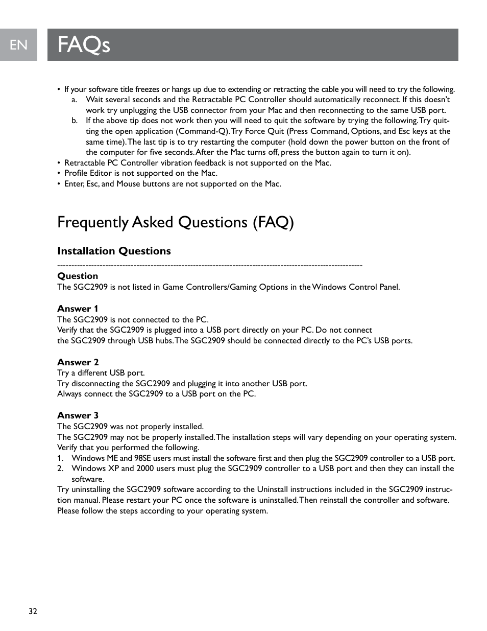 Faqs, Frequently asked questions (faq) | Philips SGC2909-27 User Manual | Page 32 / 42