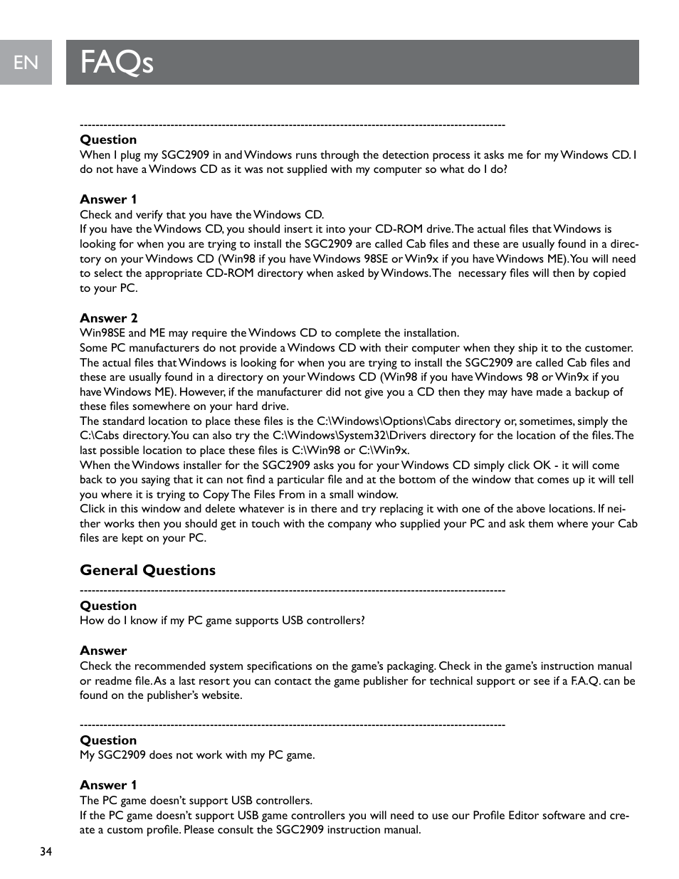 Faqs | Philips SGC2909-27 User Manual | Page 34 / 42