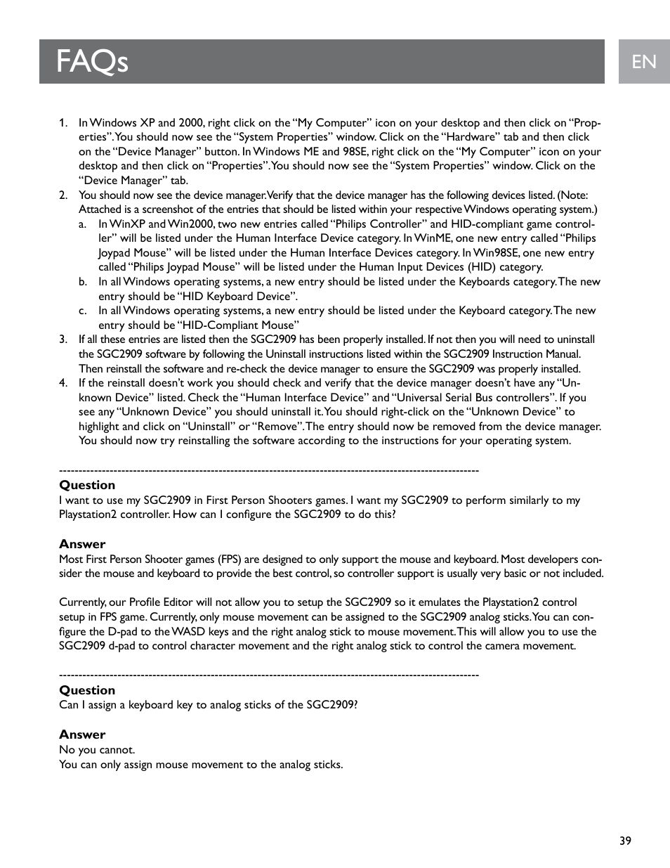 Faqs | Philips SGC2909-27 User Manual | Page 39 / 42