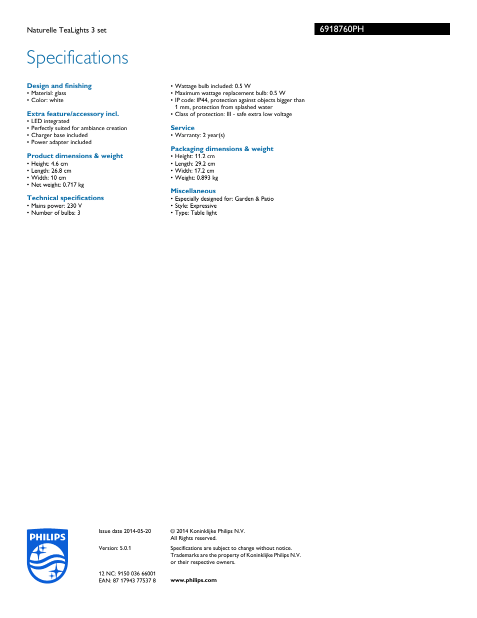 Specifications | Philips 6918760PH User Manual | Page 3 / 3