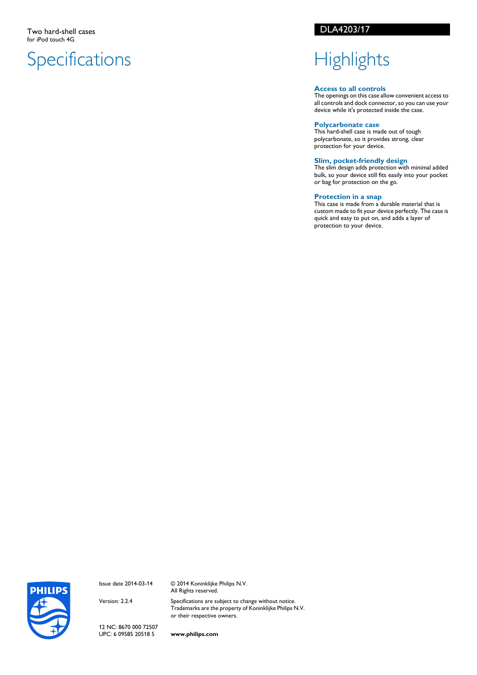 Specifications, Highlights | Philips DLA4203-17 User Manual | Page 2 / 2