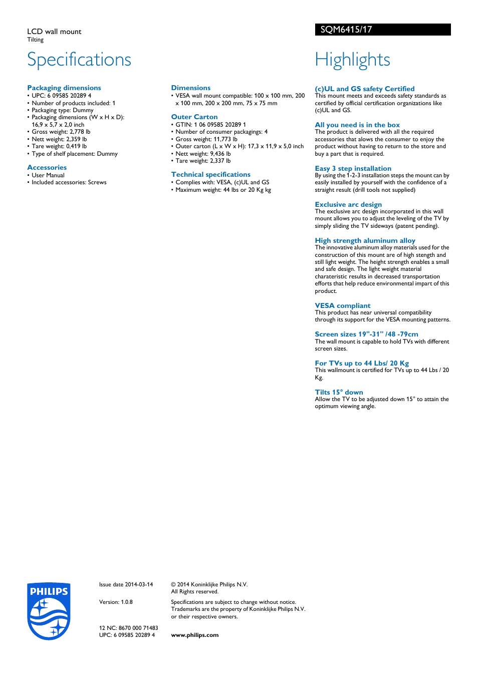 Specifications, Highlights | Philips SQM6415-17 User Manual | Page 2 / 2