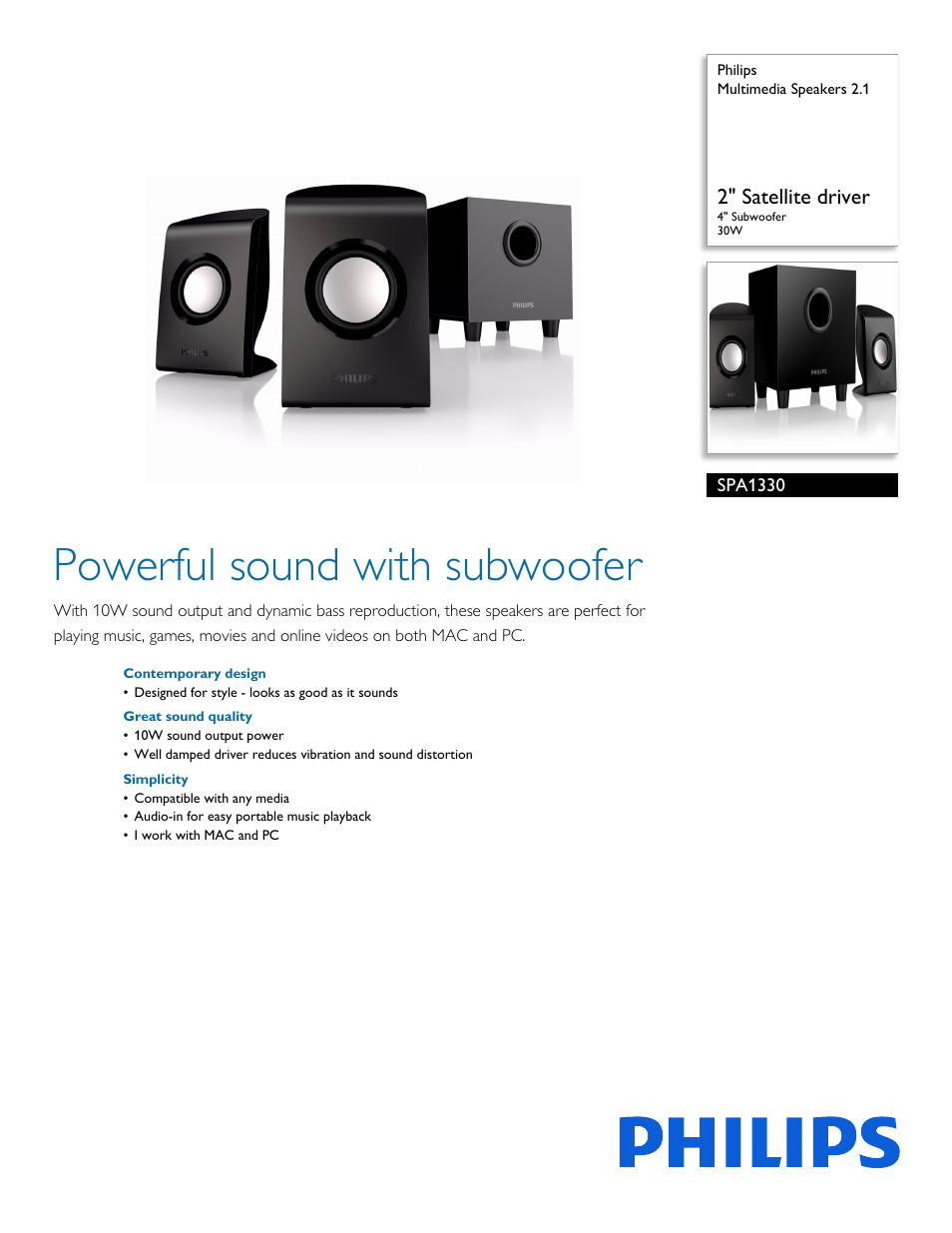 Philips Multimedia Speakers 2.1 SPA1330 2" Satellite driver 4" Subwoofer 30W User Manual | 2 pages