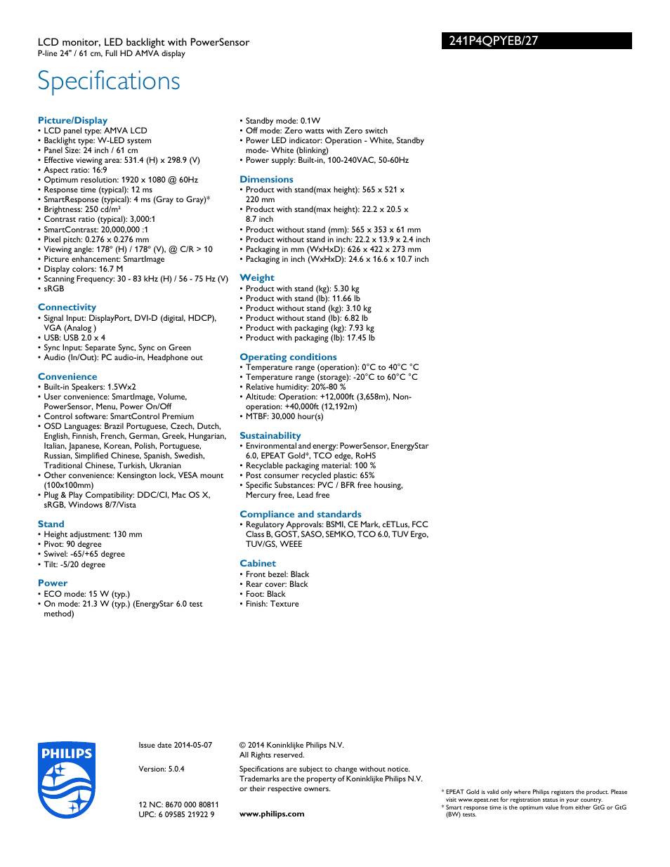 Specifications | Philips 241P4QPYEB-27 User Manual | Page 3 / 3