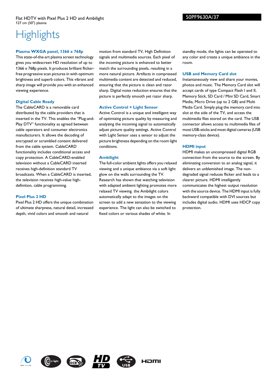 Highlights | Philips 50PF9630A-37B User Manual | Page 2 / 3