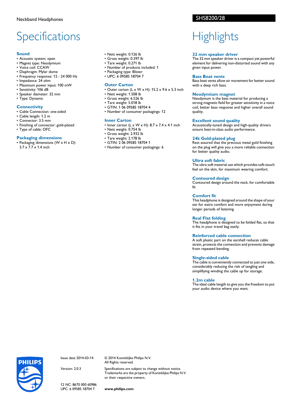 Specifications, Highlights | Philips SHS8200-28 User Manual | Page 2 / 2