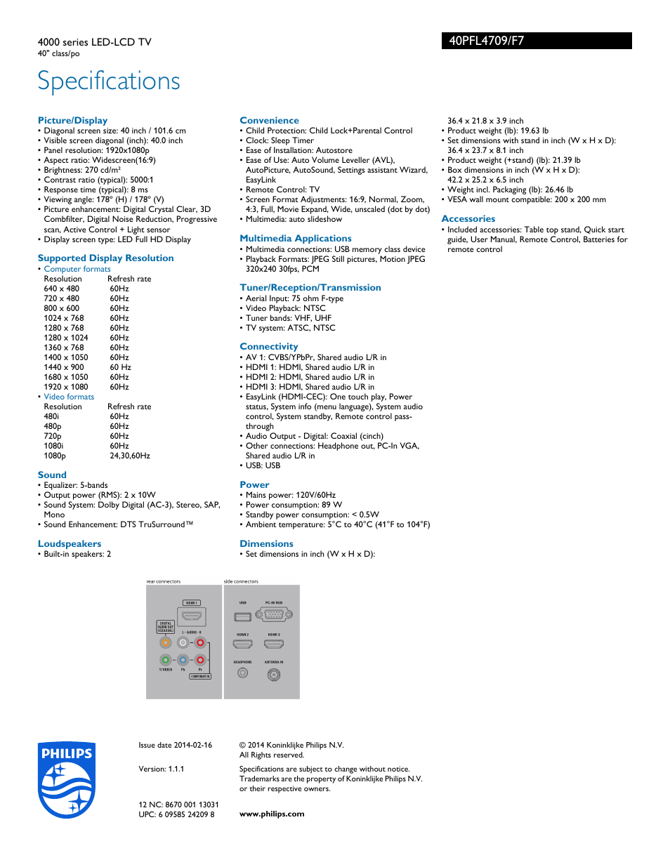 Specifications | Philips 40PFL4709-F7 User Manual | Page 3 / 3