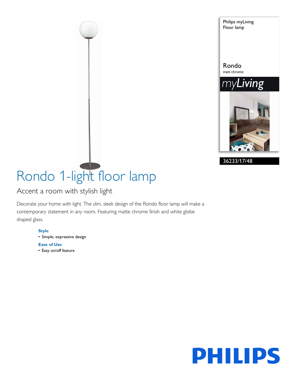 Philips myLiving Floor lamp 36233-17-48 Rondo matt chrome User Manual | 2 pages