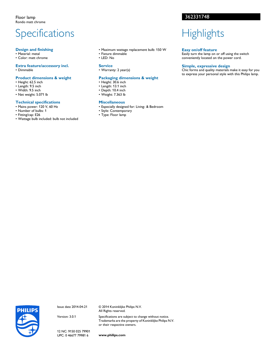 Specifications, Highlights | Philips myLiving Floor lamp 36233-17-48 Rondo matt chrome User Manual | Page 2 / 2