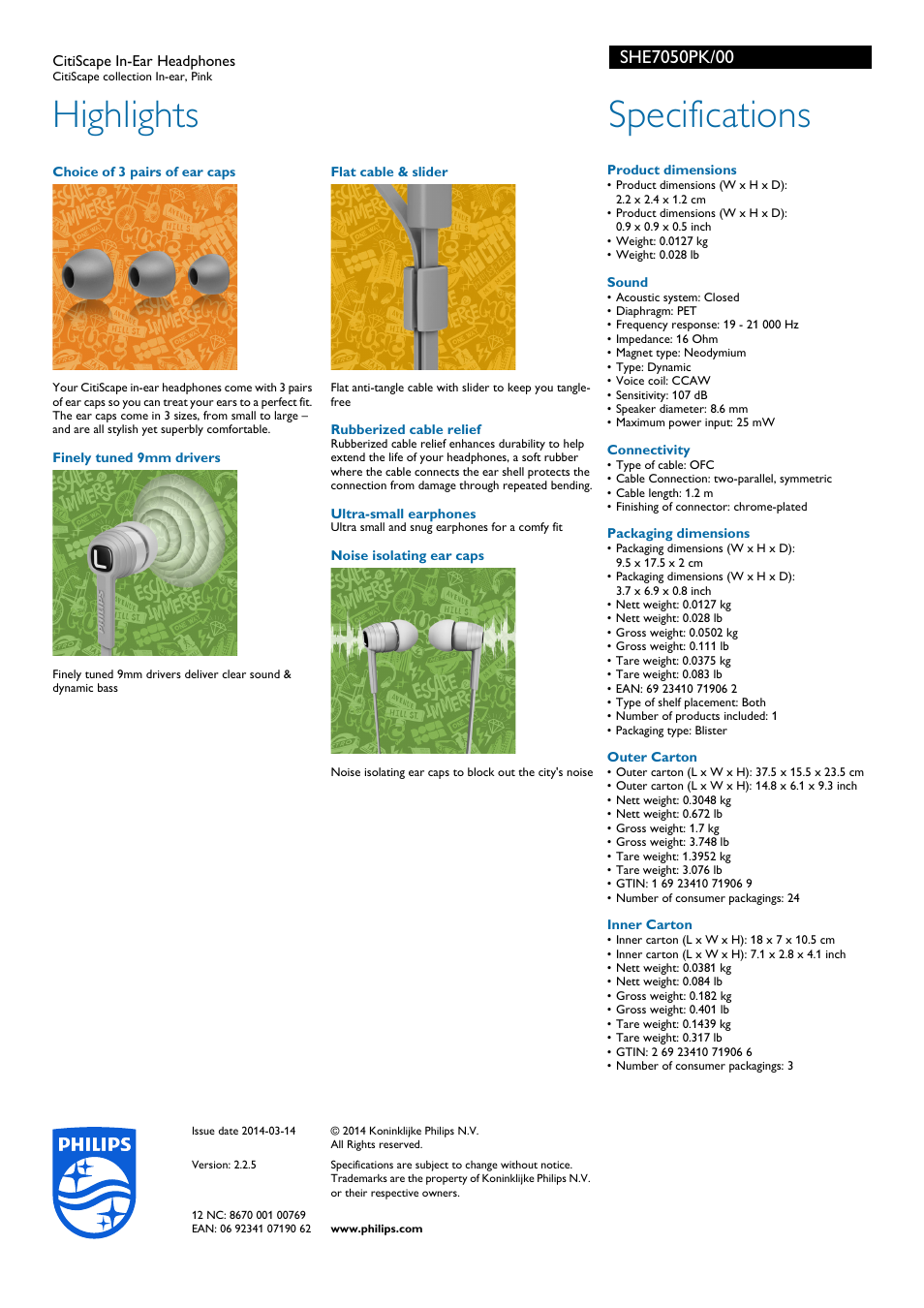 Highlights, Specifications | Philips SHE7050PK-00 User Manual | Page 2 / 2
