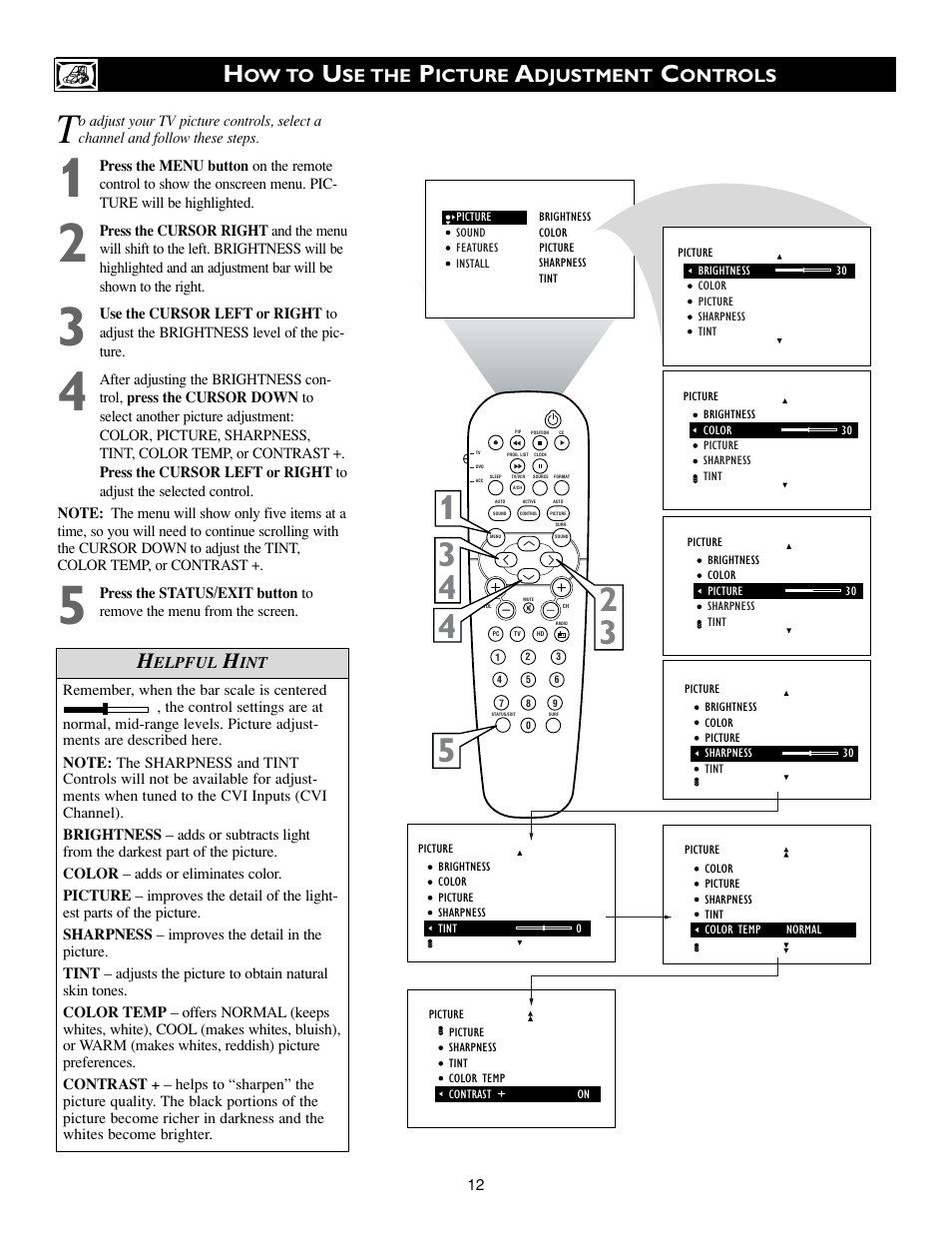 Ow to, Se the, Icture | Djustment, Ontrols | Philips 15PF9936-37 User Manual | Page 12 / 64