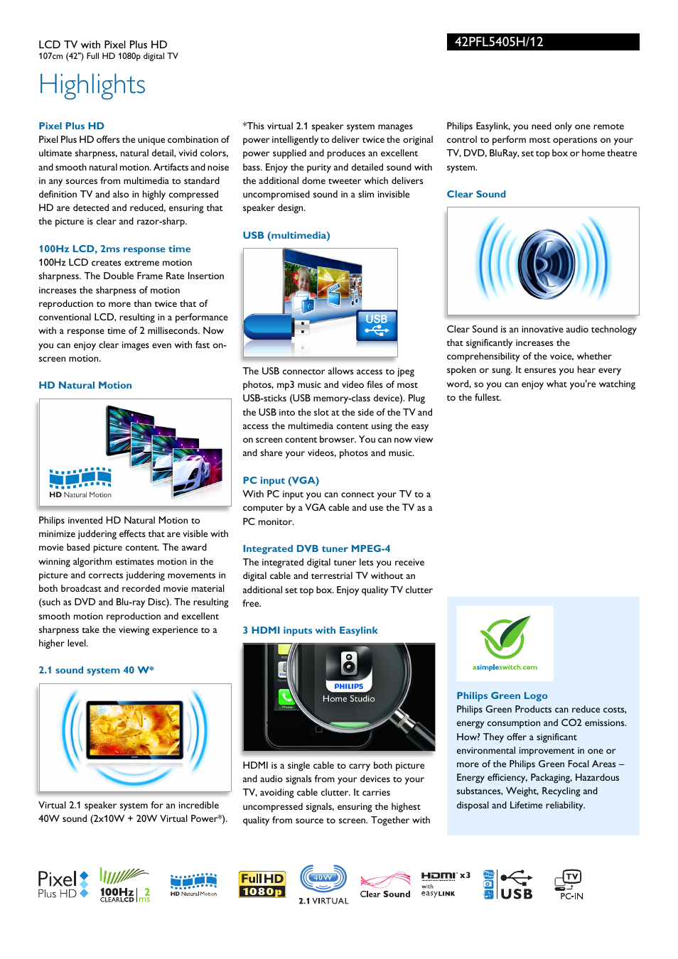Highlights | Philips 42PFL5405H-12 User Manual | Page 2 / 3